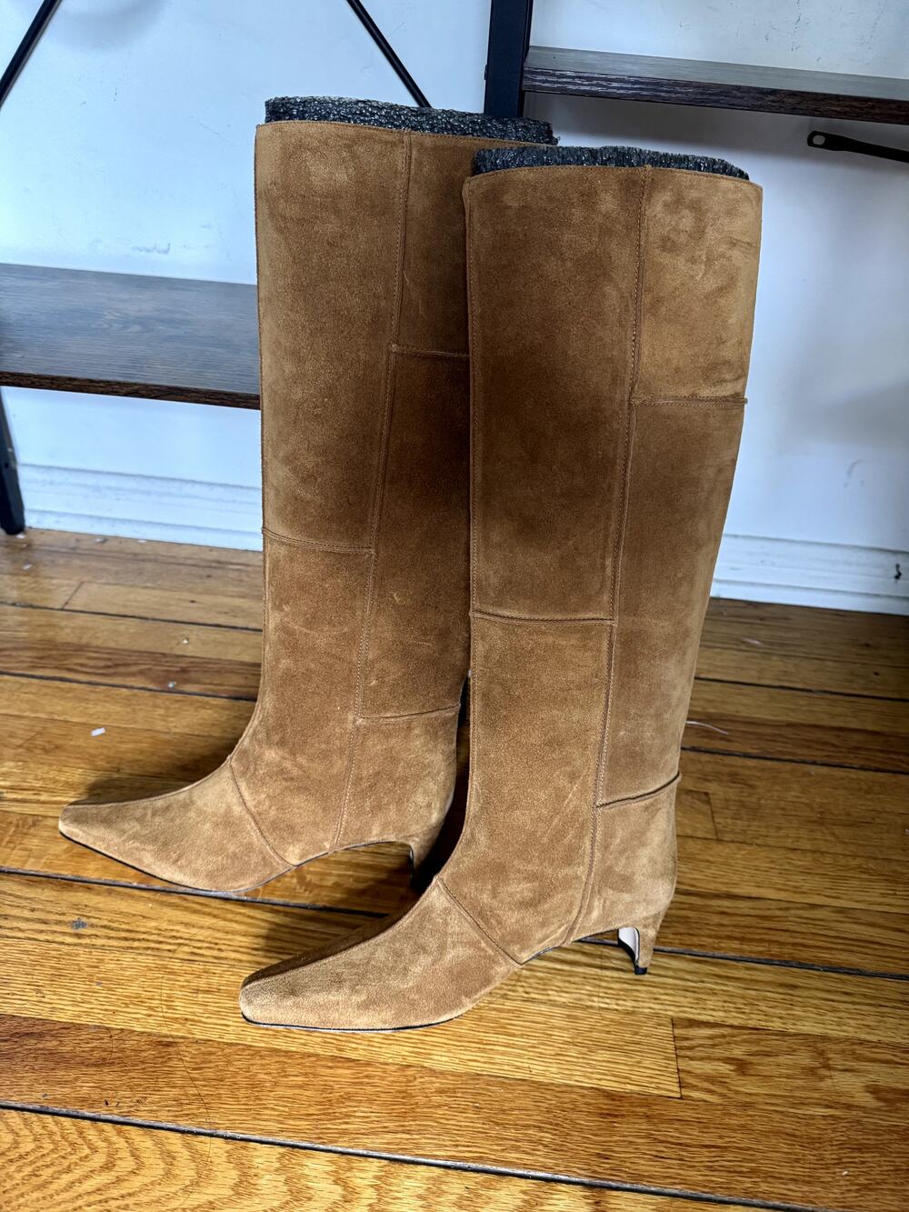STAUD Brown Suede Knee-High Pointed-Toe Kitten Heel Boots